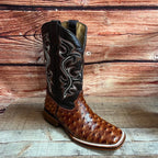 Men's Western Ostrich Print Leather Cowboy Square Toe Boots Est. 380 Cognac - OriginalWestern.com