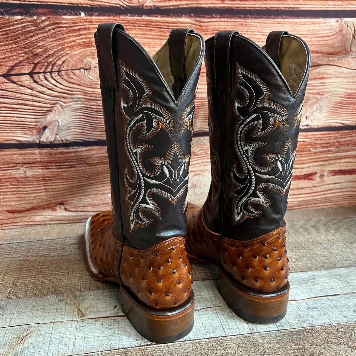 Men's Western Ostrich Print Leather Cowboy Square Toe Boots Est. 380 Cognac - OriginalWestern.com
