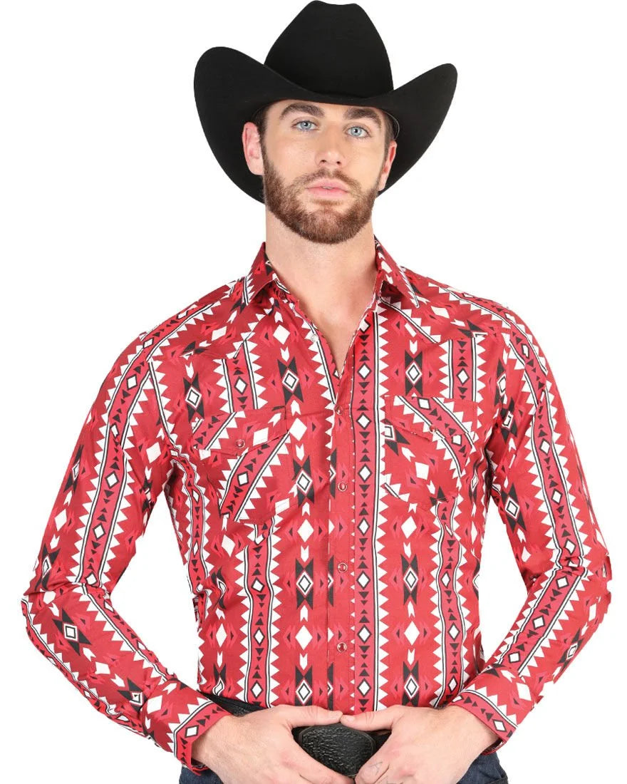El General - Men's Red Western Shirt with Geometric Design 44401