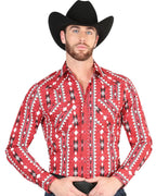 El General - Men's Red Western Shirt with Geometric Design 44401