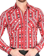El General - Men's Red Western Shirt with Geometric Design 44401