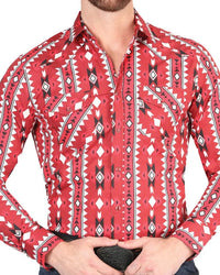 El General - Men's Red Western Shirt with Geometric Design 44401