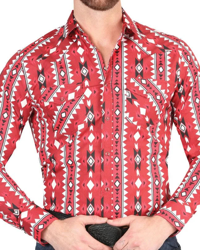 El General - Men's Red Western Shirt with Geometric Design 44401