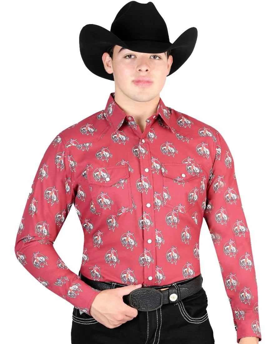 El General - Men's Red Western Shirt with Rodeo Cowboy Print 44306