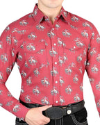El General - Men's Red Western Shirt with Rodeo Cowboy Print 44306