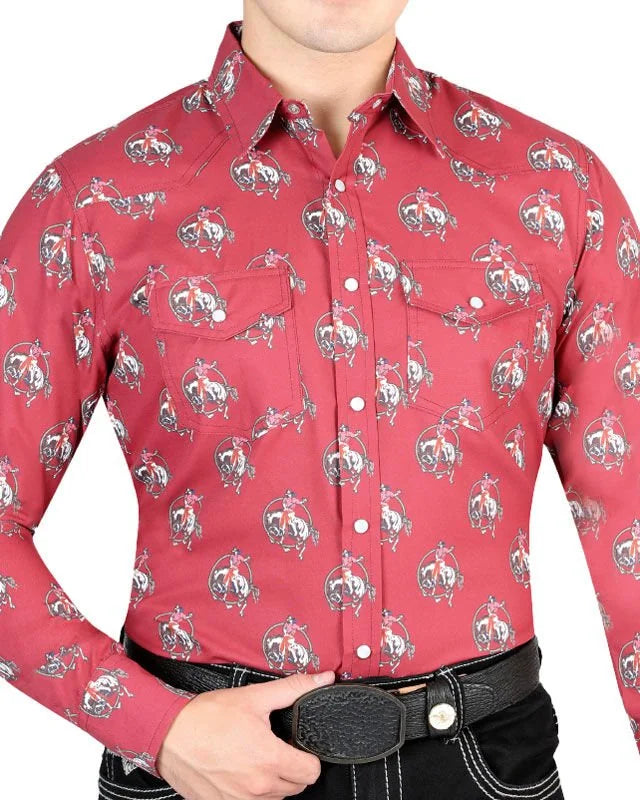 El General - Men's Red Western Shirt with Rodeo Cowboy Print 44306