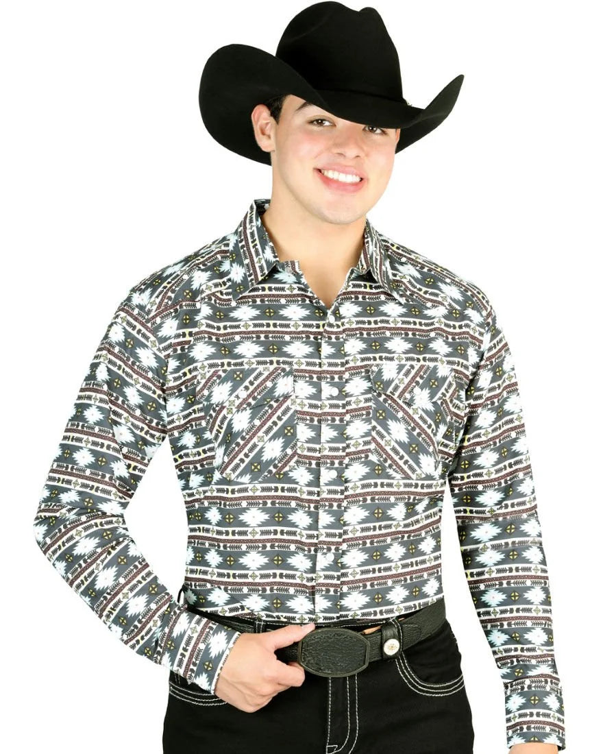 El General - Men's Green Southwestern Shirt with Tribal-Inspired Design 44308