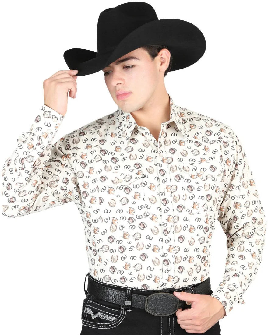El General - Men's Beige Western Shirt with Horseshoe Print 44311