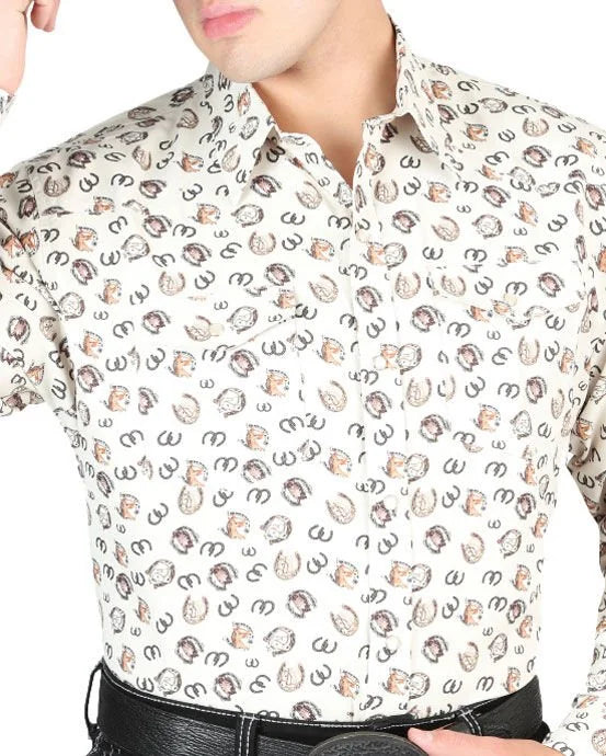 El General - Men's Beige Western Shirt with Horseshoe Print 44311