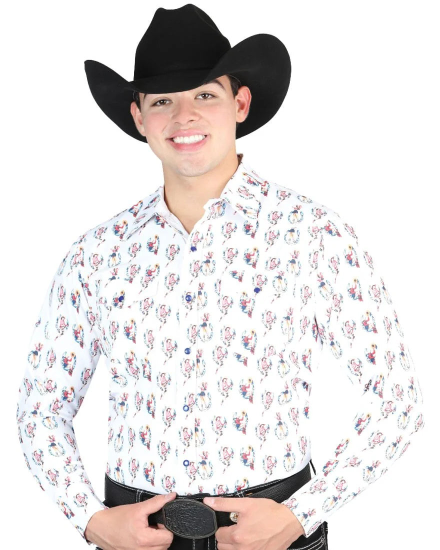 El General - Men's White Western Shirt with Cowboy Print  44318