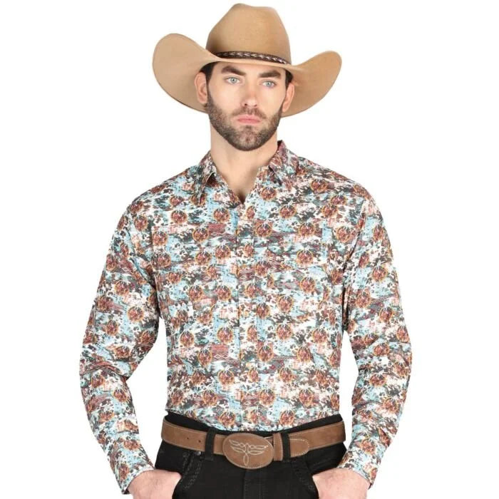 El General - Men's Brown Western Shirt with Distressed Floral Print 44330