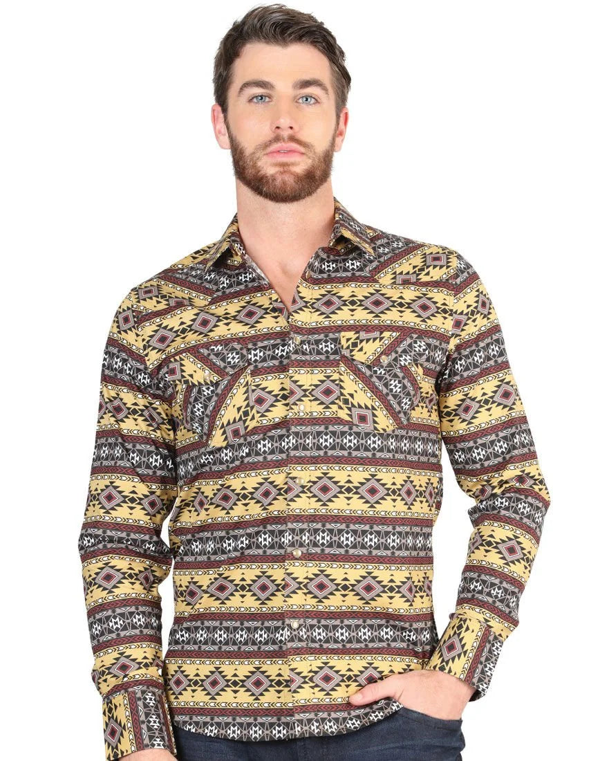 El General - Men's Yellow Tribal Geometric Western Shirt  4394