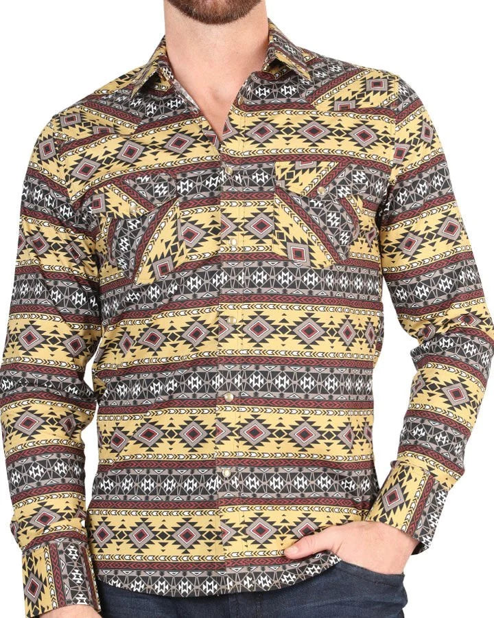 El General - Men's Yellow Tribal Geometric Western Shirt  4394