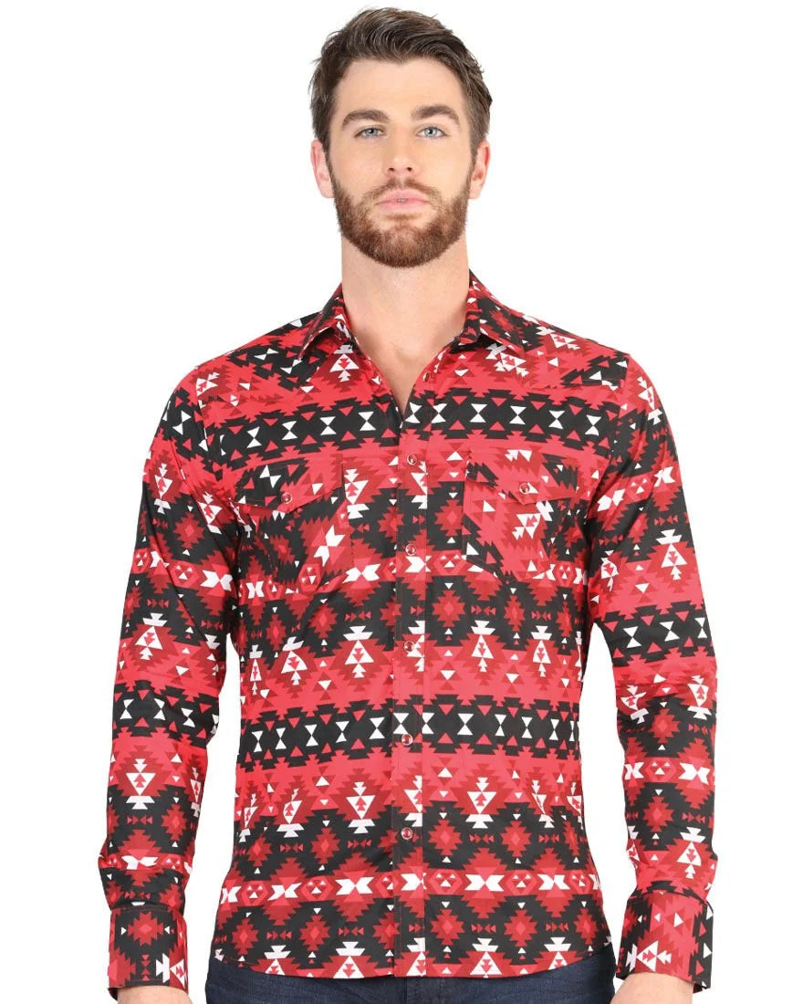El General - Men's Red Tribal Geometric Western Shirt  44396