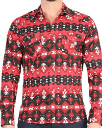 El General - Men's Red Tribal Geometric Western Shirt  44396