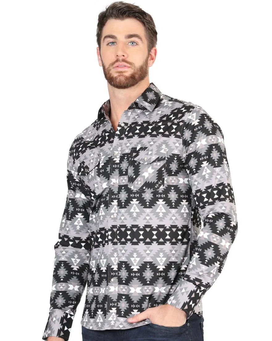 El General -Men's Black and Gray Tribal Geometric Western Shirt 44397
