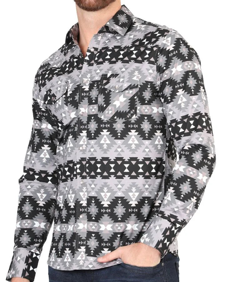 El General -Men's Black and Gray Tribal Geometric Western Shirt 44397
