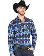 El General - Men's Blue Western Shirt with Tribal Geometric Print 44398