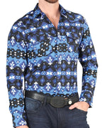 El General - Men's Blue Western Shirt with Tribal Geometric Print 44398