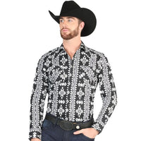 El General - Men's Black Western Shirt with Tribal Patterns 44399