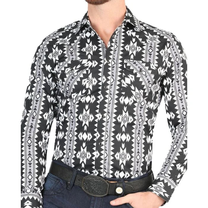 El General - Men's Black Western Shirt with Tribal Patterns 44399