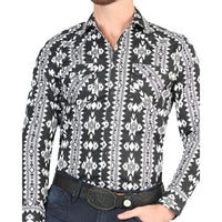 El General - Men's Black Western Shirt with Tribal Patterns 44399