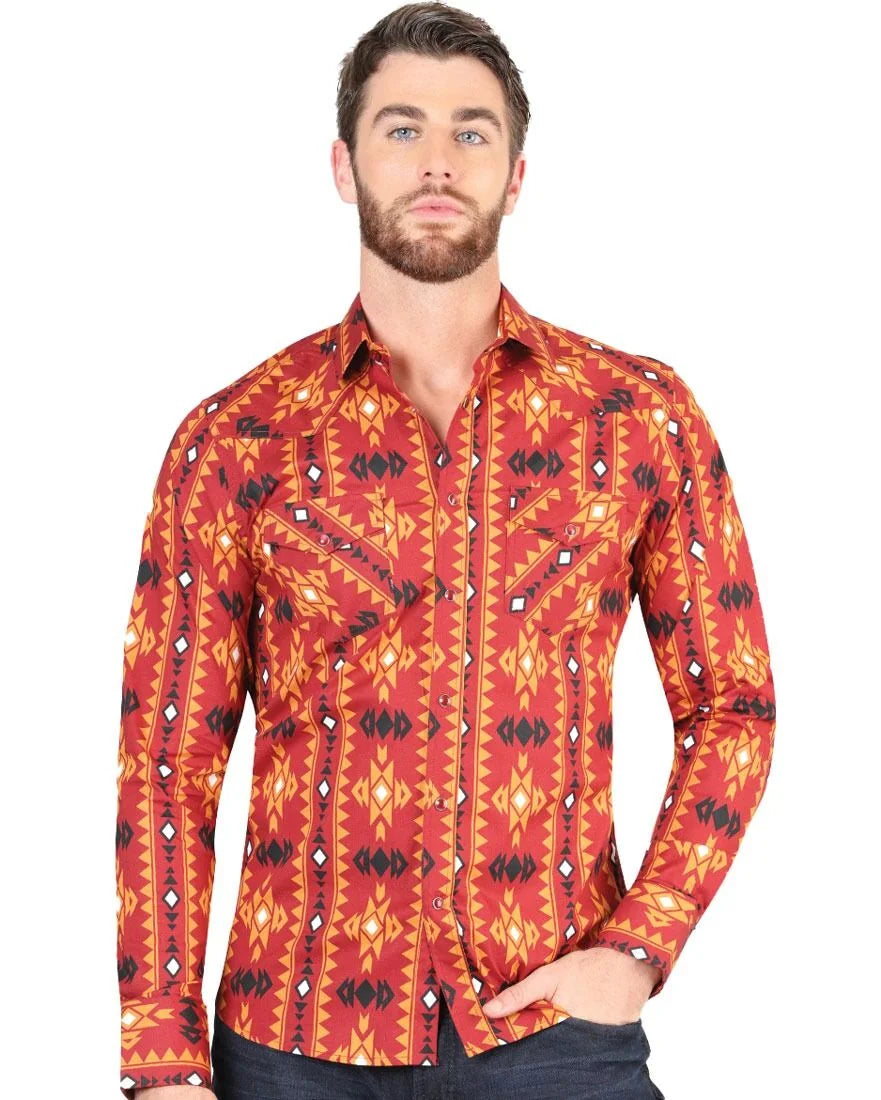 El General - Men's Western Shirt in Brick with Geometric Design 44400