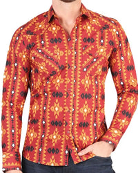 El General - Men's Western Shirt in Brick with Geometric Design 44400