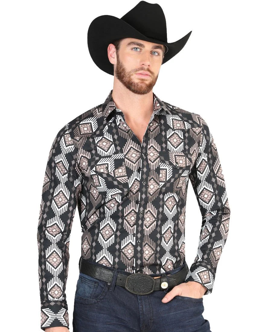 El General - Men's Black Western Shirt with Geometric Pattern 44402