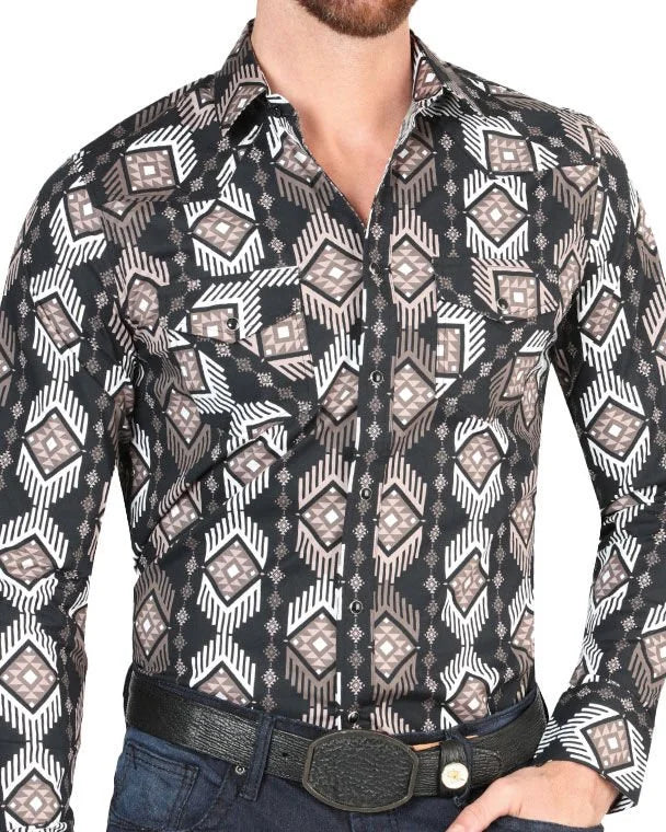 El General - Men's Black Western Shirt with Geometric Pattern 44402