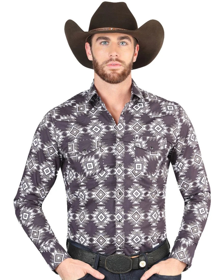 El General - Men's Navy Western Shirt with Geometric Design 44403