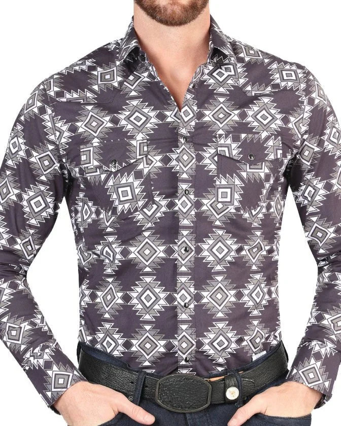 El General - Men's Navy Western Shirt with Geometric Design 44403