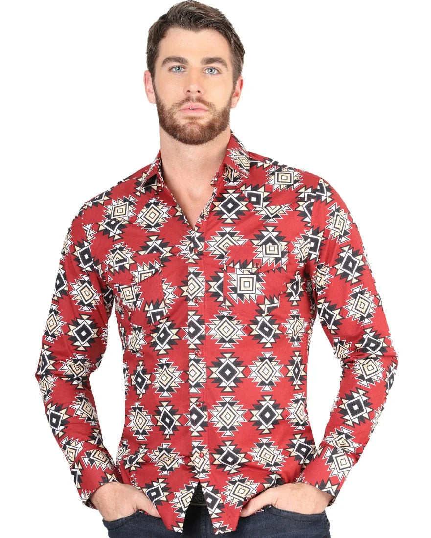 El General - Men's Red Western Shirt with Geometric Pattern  44404