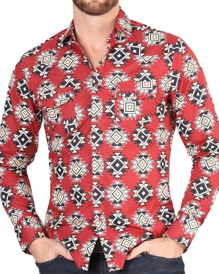 El General - Men's Red Western Shirt with Geometric Pattern  44404