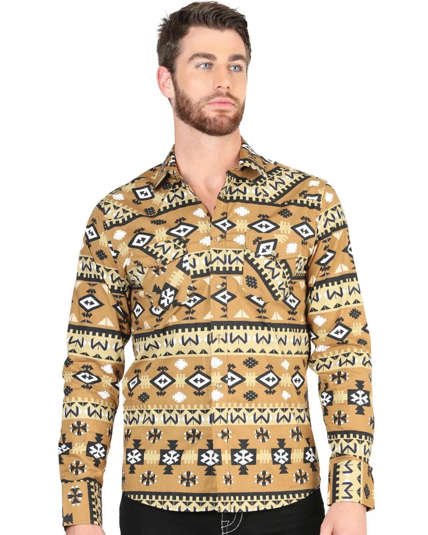 El General - Men's Mustard Western Shirt with Geometric Print 44417