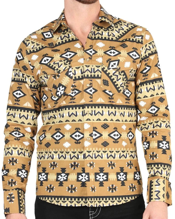 El General - Men's Mustard Western Shirt with Geometric Print 44417