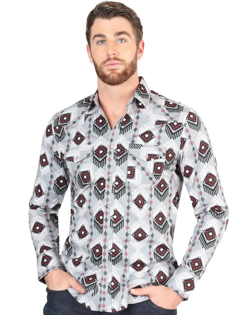 El General - Men's Gray Western Shirt with Geometric Pattern 44425