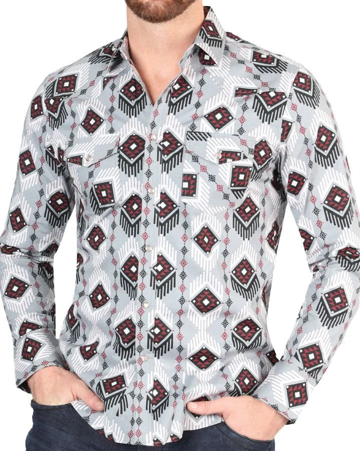 El General - Men's Gray Western Shirt with Geometric Pattern 44425