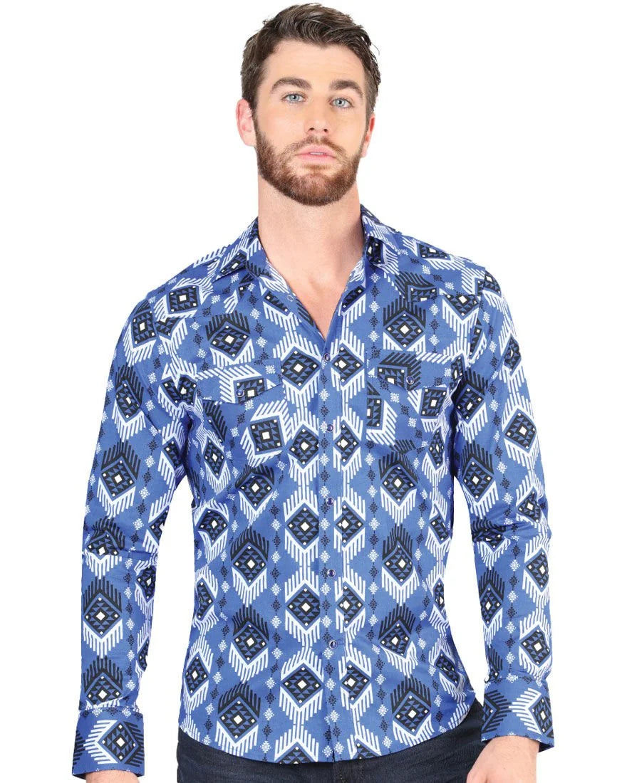 El General - Men's Blue Western Shirt with Geometric Pattern  44428