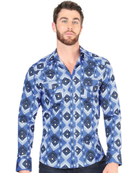El General - Men's Blue Western Shirt with Geometric Pattern  44428