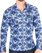 El General - Men's Blue Western Shirt with Geometric Pattern  44428