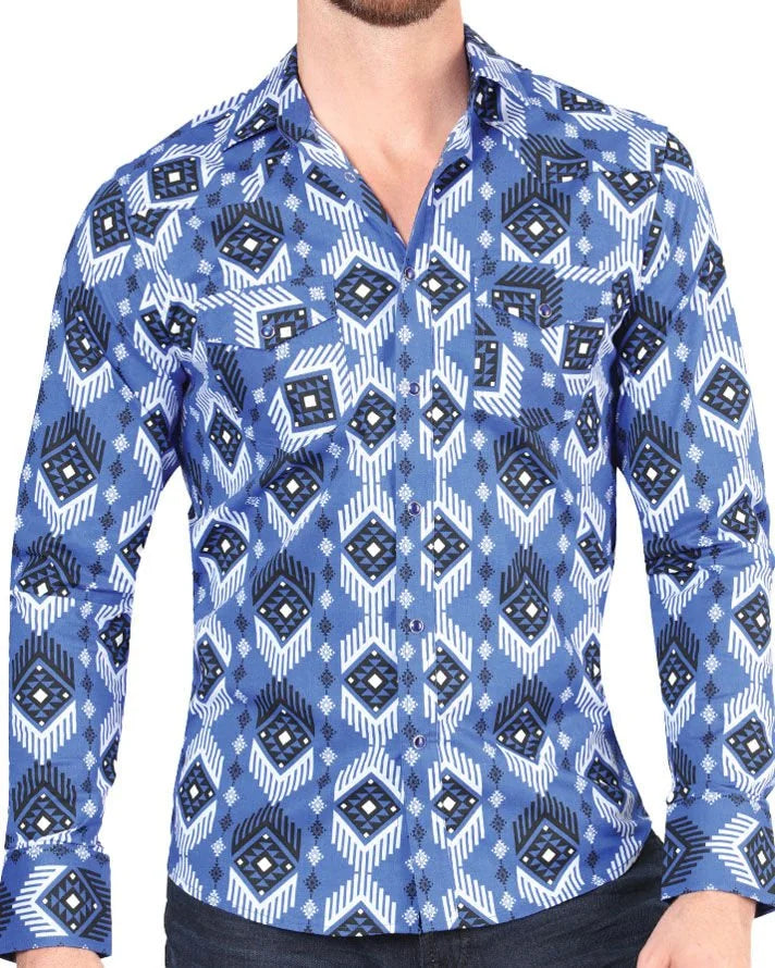 El General - Men's Blue Western Shirt with Geometric Pattern  44428