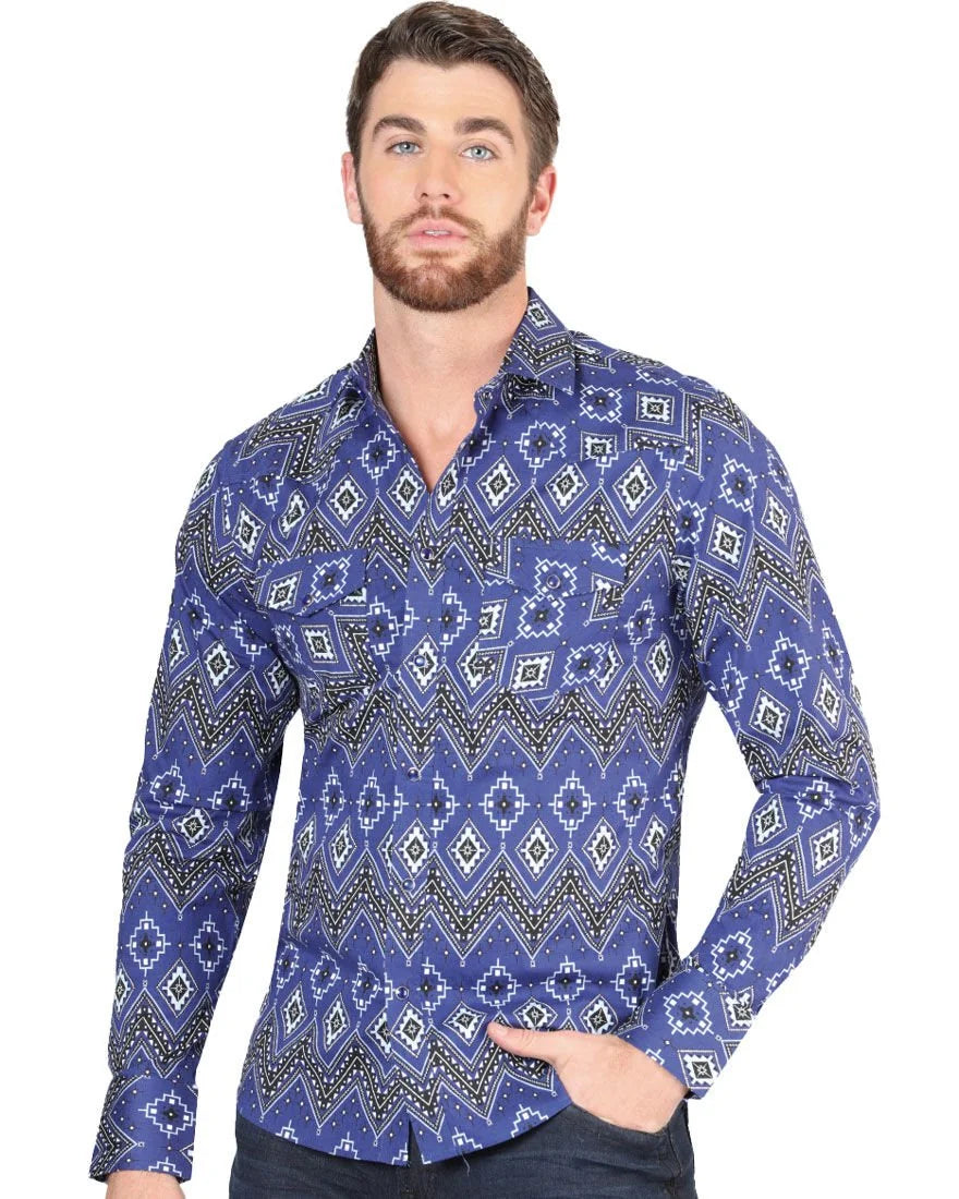 El General - Men's Blue Western Shirt with Bold Geometric Patterns 44429