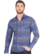 El General - Men's Blue Western Shirt with Bold Geometric Patterns 44429