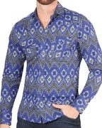 El General - Men's Blue Western Shirt with Bold Geometric Patterns 44429