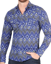 El General - Men's Blue Western Shirt with Bold Geometric Patterns 44429