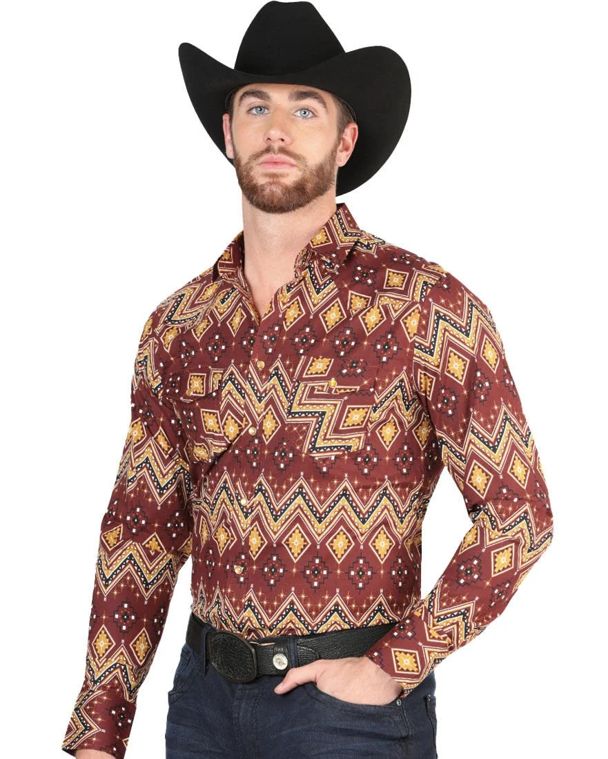 El General - Burgundy Western Shirt with Geometric Patterns 44430