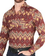 El General - Burgundy Western Shirt with Geometric Patterns 44430