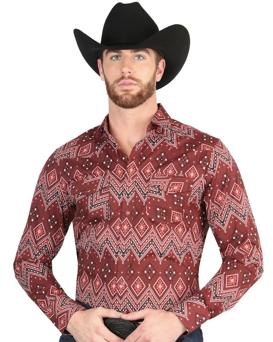 El General - Men's Burgundy Cowboy Shirt with Southwestern Patterns 44431