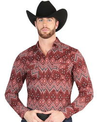 El General - Men's Burgundy Cowboy Shirt with Southwestern Patterns 44431